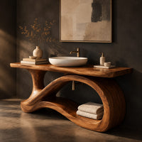 Corner detail of wood vanity with a flowing ribbon loop base and a slab top beside wood, brass and linen samples