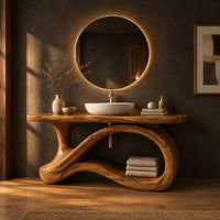 Wood vanity with a flowing ribbon loop base and a slab top in a dark bathroom at golden hour