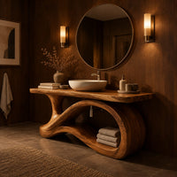Wood vanity with a flowing ribbon loop base and a slab top in an evening bathroom with walnut wall paneling
