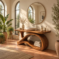 Wood vanity with a flowing ribbon loop base and a slab top in a bright bathroom with arched windows and plants