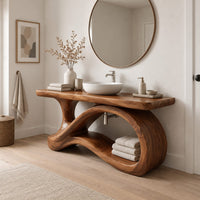 Wood vanity with a flowing ribbon loop base and a slab top in a Scandinavian bathroom with white walls