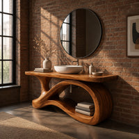 Wood vanity with a flowing ribbon loop base and a slab top in an industrial loft bathroom with exposed brick