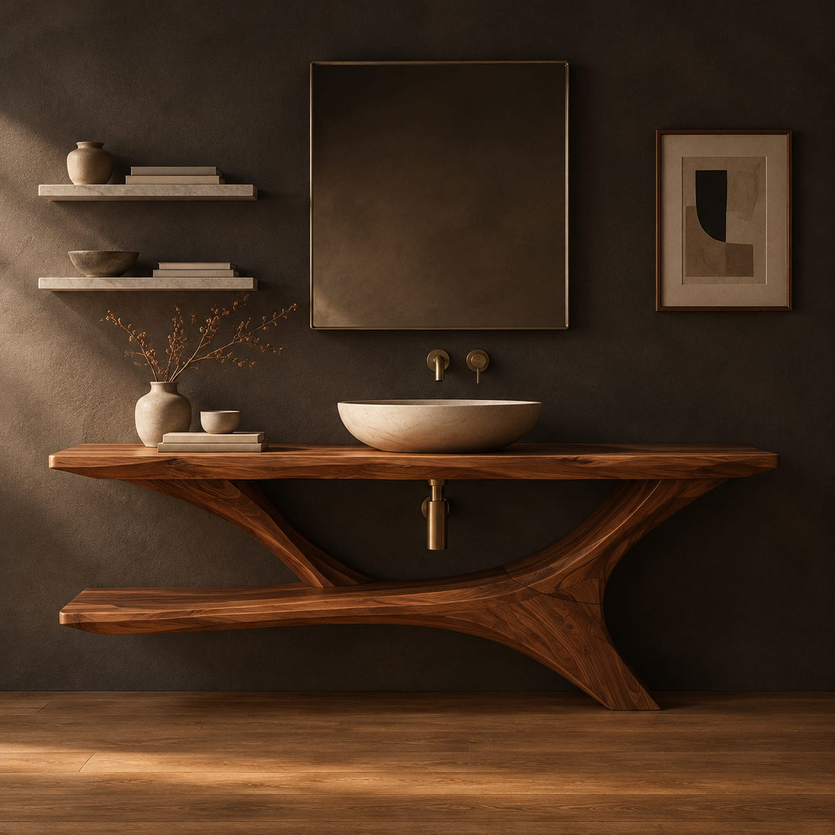 Wooden bathroom vanity with a forked branch base and lower shelf in a dark studio against a charcoal plaster wall