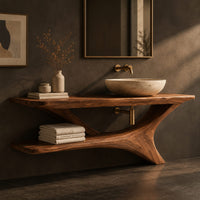 Corner detail of wooden bathroom vanity with a forked branch base and lower shelf beside wood, brass and linen samples