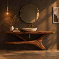 Wooden bathroom vanity with a forked branch base and lower shelf in a dark bathroom at golden hour