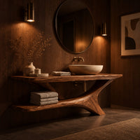 Wooden bathroom vanity with a forked branch base and lower shelf in an evening bathroom with walnut wall paneling