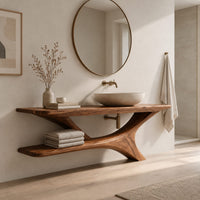 Wooden bathroom vanity with a forked branch base and lower shelf in a Scandinavian bathroom with white walls