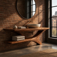 Wooden bathroom vanity with a forked branch base and lower shelf in an industrial loft bathroom with exposed brick