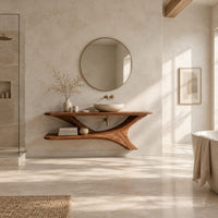 Wooden bathroom vanity with a forked branch base and lower shelf in a bright open plan bathroom