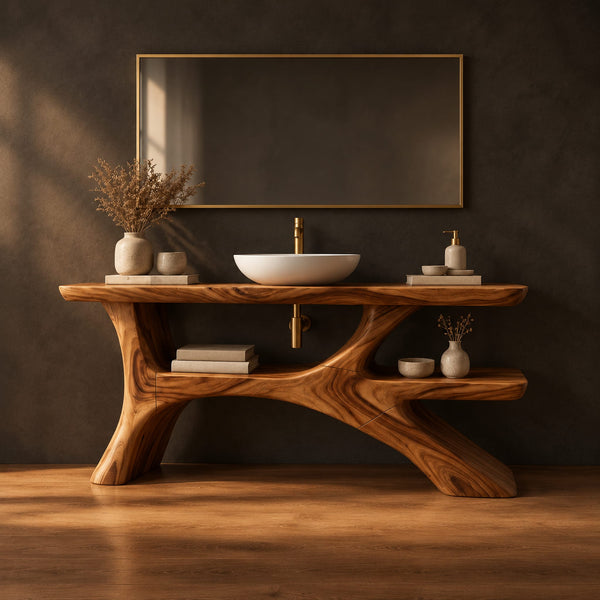 Bathroom Vanity With Forked Trunk Base And Offset Lower Shelf