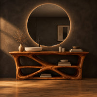 Freestanding vanity on a branching loop frame with open shelf spaces in a dark studio against a charcoal plaster wall