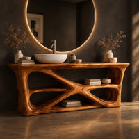 Freestanding vanity on a branching loop frame with open shelf spaces, three-quarter view showing the grain