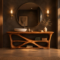 Freestanding vanity on a branching loop frame with open shelf spaces in a dark bathroom at golden hour