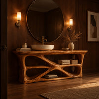 Freestanding vanity on a branching loop frame with open shelf spaces in an evening bathroom with walnut wall paneling