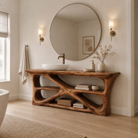 Freestanding vanity on a branching loop frame with open shelf spaces in a Scandinavian bathroom with white walls