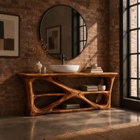 Freestanding vanity on a branching loop frame with open shelf spaces in an industrial loft bathroom with exposed brick