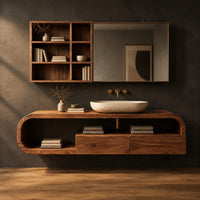 Floating cabinet in a looped frame with open shelf and two front panels in a dark studio against a charcoal plaster wall