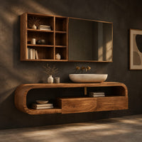 Floating cabinet in a looped frame with open shelf and two front panels, three-quarter view showing the grain