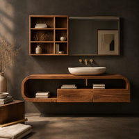 Corner detail of floating cabinet in a looped frame with open shelf and two front panels beside wood, brass and linen samples