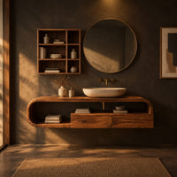 Floating cabinet in a looped frame with open shelf and two front panels in a dark bathroom at golden hour