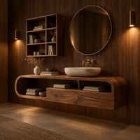 Floating cabinet in a looped frame with open shelf and two front panels in an evening bathroom with walnut wall paneling