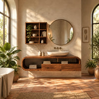 Floating cabinet in a looped frame with open shelf and two front panels in a bright bathroom with arched windows and plants