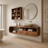 Floating cabinet in a looped frame with open shelf and two front panels in a Scandinavian bathroom with white walls