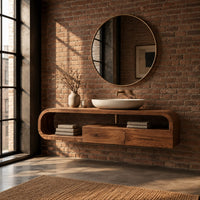 Floating cabinet in a looped frame with open shelf and two front panels in an industrial loft bathroom with exposed brick
