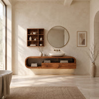 Floating cabinet in a looped frame with open shelf and two front panels in a bright open plan bathroom