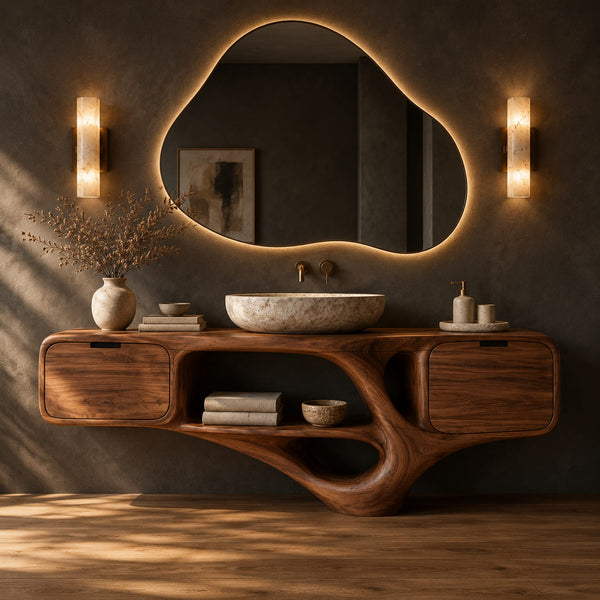 Bathroom Vanity With Open Center Shelf And Sculpted Curving Base