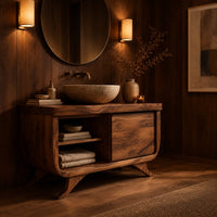 Bathroom vanity with an open cubby and one door on flared feet in an evening bathroom with walnut wall paneling