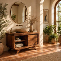 Bathroom vanity with an open cubby and one door on flared feet in a bright bathroom with arched windows and plants