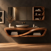 Floating open front bathroom vanity with a flowing wave divider in a dark studio against a charcoal plaster wall