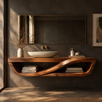 Corner detail of floating open front bathroom vanity with a flowing wave divider beside wood, brass and linen samples
