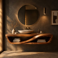 Floating open front bathroom vanity with a flowing wave divider in a dark bathroom at golden hour