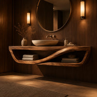 Floating open front bathroom vanity with a flowing wave divider in an evening bathroom with walnut wall paneling