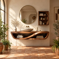 Floating open front bathroom vanity with a flowing wave divider in a bright bathroom with arched windows and plants