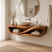 Floating open front bathroom vanity with a flowing wave divider in a Scandinavian bathroom with white walls
