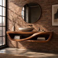 Floating open front bathroom vanity with a flowing wave divider in an industrial loft bathroom with exposed brick