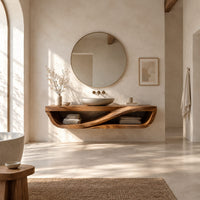 Floating open front bathroom vanity with a flowing wave divider in a bright open plan bathroom