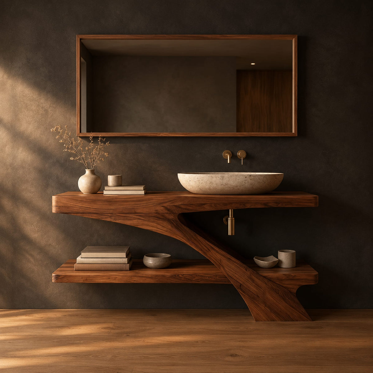 Open wood vanity with a slab top and a lower shelf in a dark studio against a charcoal plaster wall