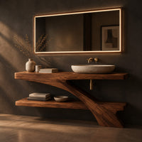 Open wood vanity with a slab top and a lower shelf, three-quarter view showing the grain