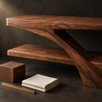 Corner detail of open wood vanity with a slab top and a lower shelf beside wood, brass and linen samples