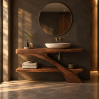 Open wood vanity with a slab top and a lower shelf in a dark bathroom at golden hour