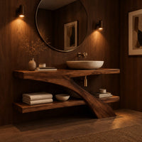 Open wood vanity with a slab top and a lower shelf in an evening bathroom with walnut wall paneling