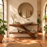 Open wood vanity with a slab top and a lower shelf in a bright bathroom with arched windows and plants