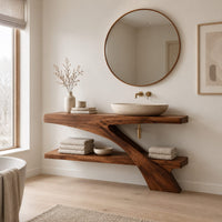 Open wood vanity with a slab top and a lower shelf in a Scandinavian bathroom with white walls