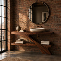 Open wood vanity with a slab top and a lower shelf in an industrial loft bathroom with exposed brick