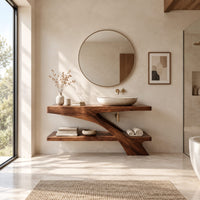 Open wood vanity with a slab top and a lower shelf in a bright open plan bathroom