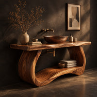 Bathroom vanity with a thick slab top on a sculpted loop base, three-quarter view showing the grain